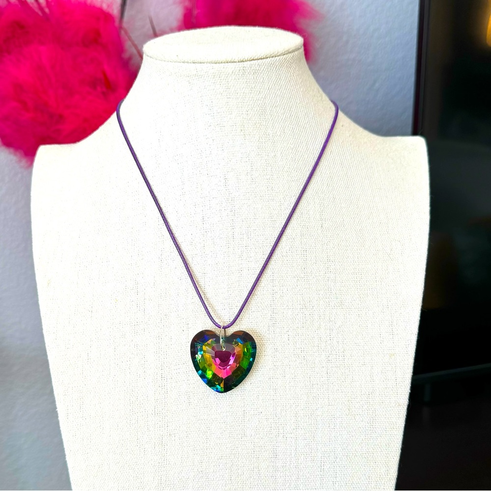 Vintage Crystal Glass Prism Rainbow Heart Necklace